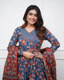 Greciilooks Women'S Rayon Anarkali Printed V- Neck Kurta With Palazzo & Dupatta | Ethnic Set | Dupatta Set | Suit Set | Kurta And Pant Set (In, Alpha, L, Regular, Blue)