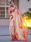 Satrani Women'S Floral Printed Viscose Satin Saree With Unstitched Blouse Piece (3753S156N_Cream & Red3)