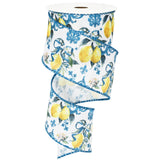 JarThenaAMCS Lemon Wired Edge Ribbon Yellow Lemon Blue Tile Fabric Ribbon Spring Summer Wrapping Ribbons for Birthday Wedding DI