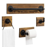 MyGift 4 Piece Wall Mounted Bathroom Hardware Set, Rustic Torched Wood and Industrial Matte Black Metal Pipe Towel Ring, Robe Ho