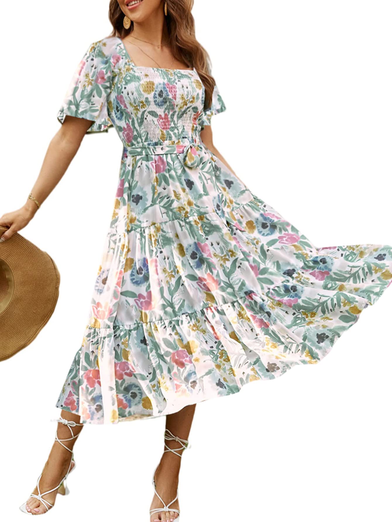Amegoya Women'S Boho Summer Floral Midi Dress Flowy Tiered Flutter Sleeve Square Neck Smocked Flower Dress (Flower Xl),Casual