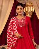 Anni Designer Women'S Rayon Blend Anarkali Embroidered Kurta With Pant & Dupatta (Varalaxmi Red_Xxl_Red_Xx-Large),Red,2XL,,,