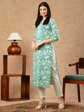 Gosriki Women'S Cotton Blend Straight Printed Kurta With Pant (Pachas Blue-Gs_L_Blue_Large),Blue,,B0CSG42PVS