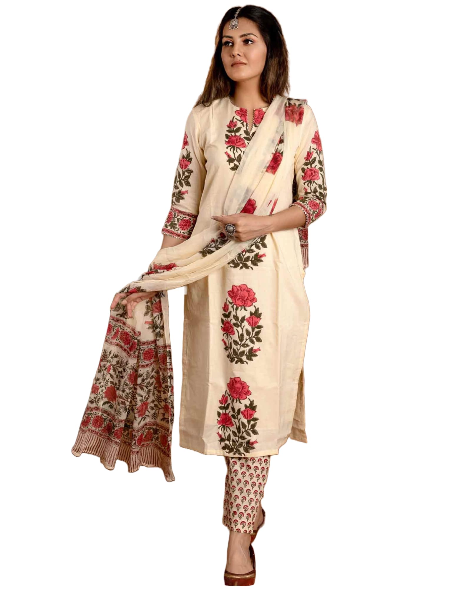 Anni Designer Women'S Rayon Blend Straight Printed Kurta With Pant & Dupatta (Actual-Cream_3Xl_Cream_Xxx-Large),Cream,3XL