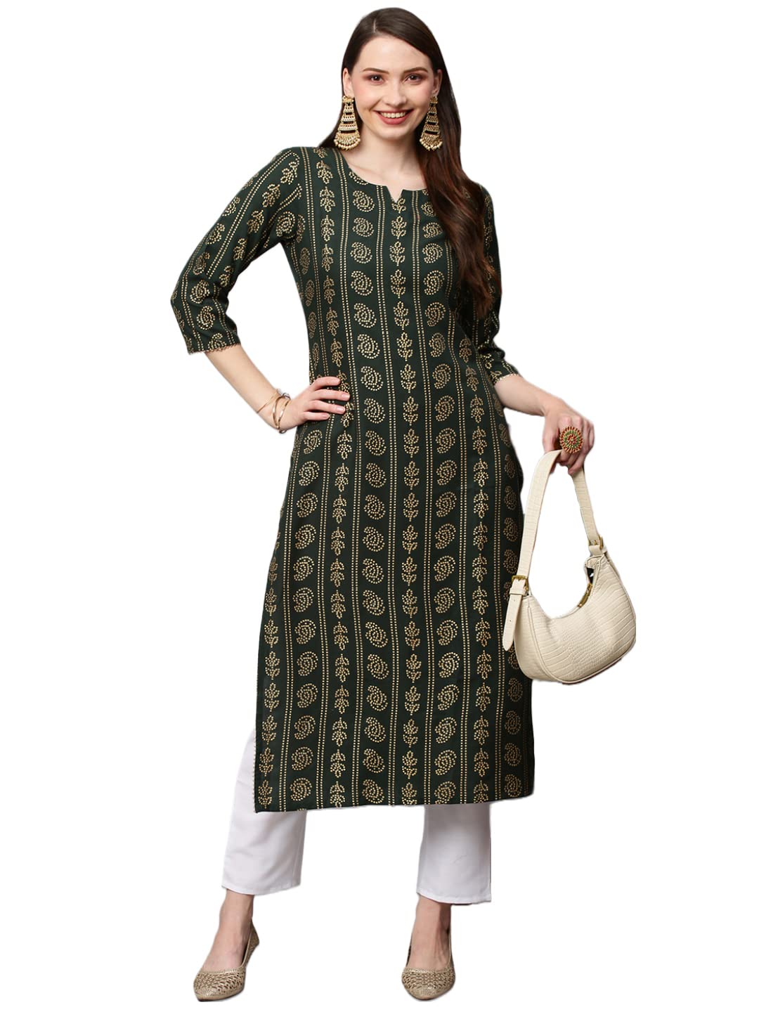 Anni Designer Women'S Cotton Blend Printed Straight Kurta (Sofika Green_M_Green_Medium),Green,M