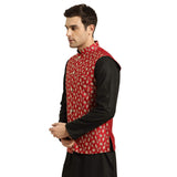 Sojanya (Since 1958, Mens Silk Blend, Red & Gold Embroidered Nehru Jacket, Size: 38