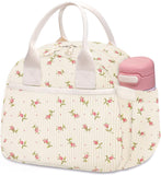 Carry bloom Lunch Box for Women, Insulated Lunch Bag Cute Corduroy Lunchbag Reusable Lunchbox for Work (flower rose)