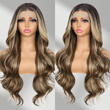BABEHERS Brown mix Blonde Lace Front Wig for Women 13x4 Body Wave Synthetic Wigs Highlight Pre-plucked Long Wavy 150% Density fo