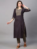Anni Designer Women'S Cotton Blend Printed Straight Kurta With Pant (Satku Dark Blue-Nw_L_Dark Blue_Large),Dark Blue,L,Cotton Blend,Regular,Pants