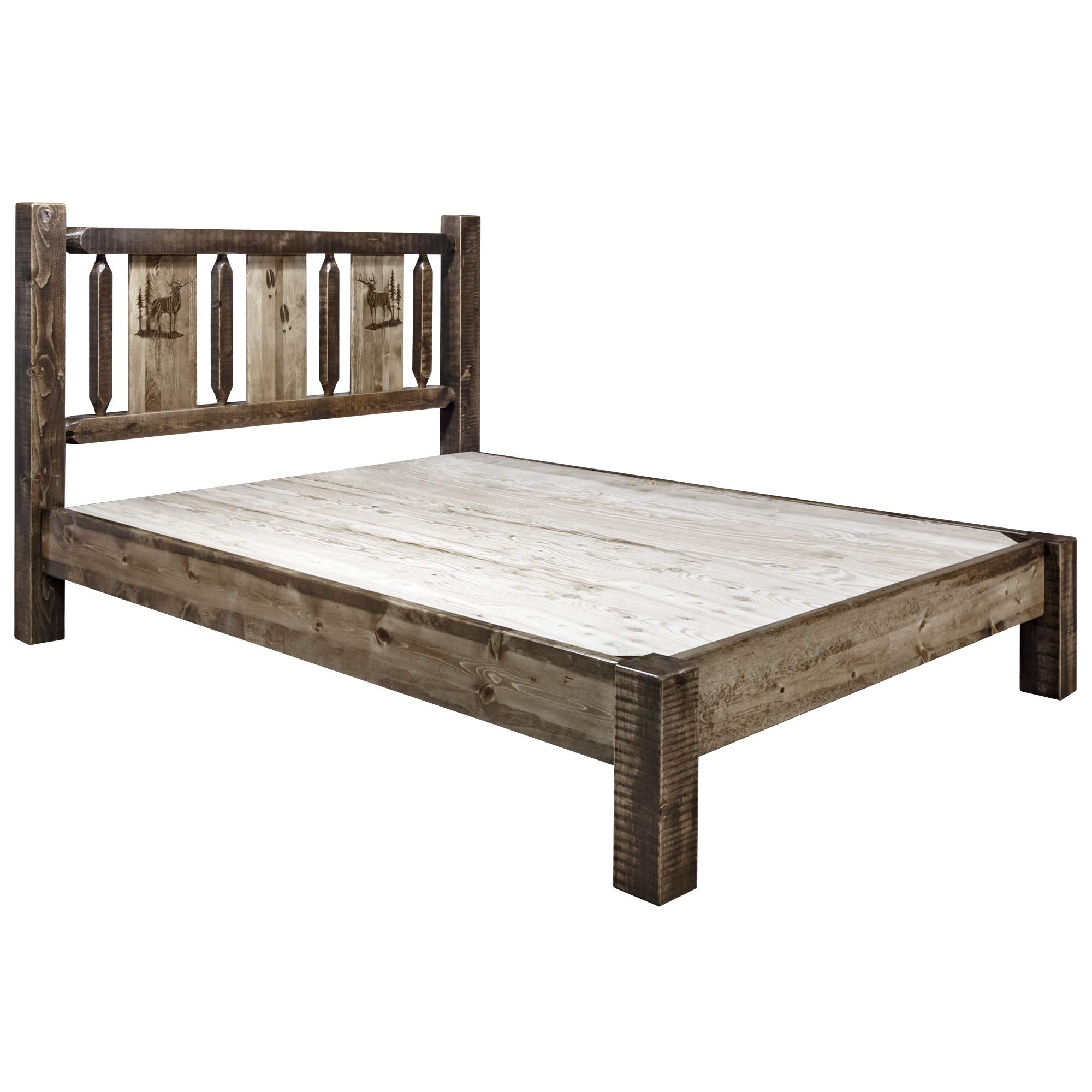Montana Woodworks Homestead Collection Queen Platform Bed With Laser Engraved Elk Design, Stain & Clear Lacquer Finish