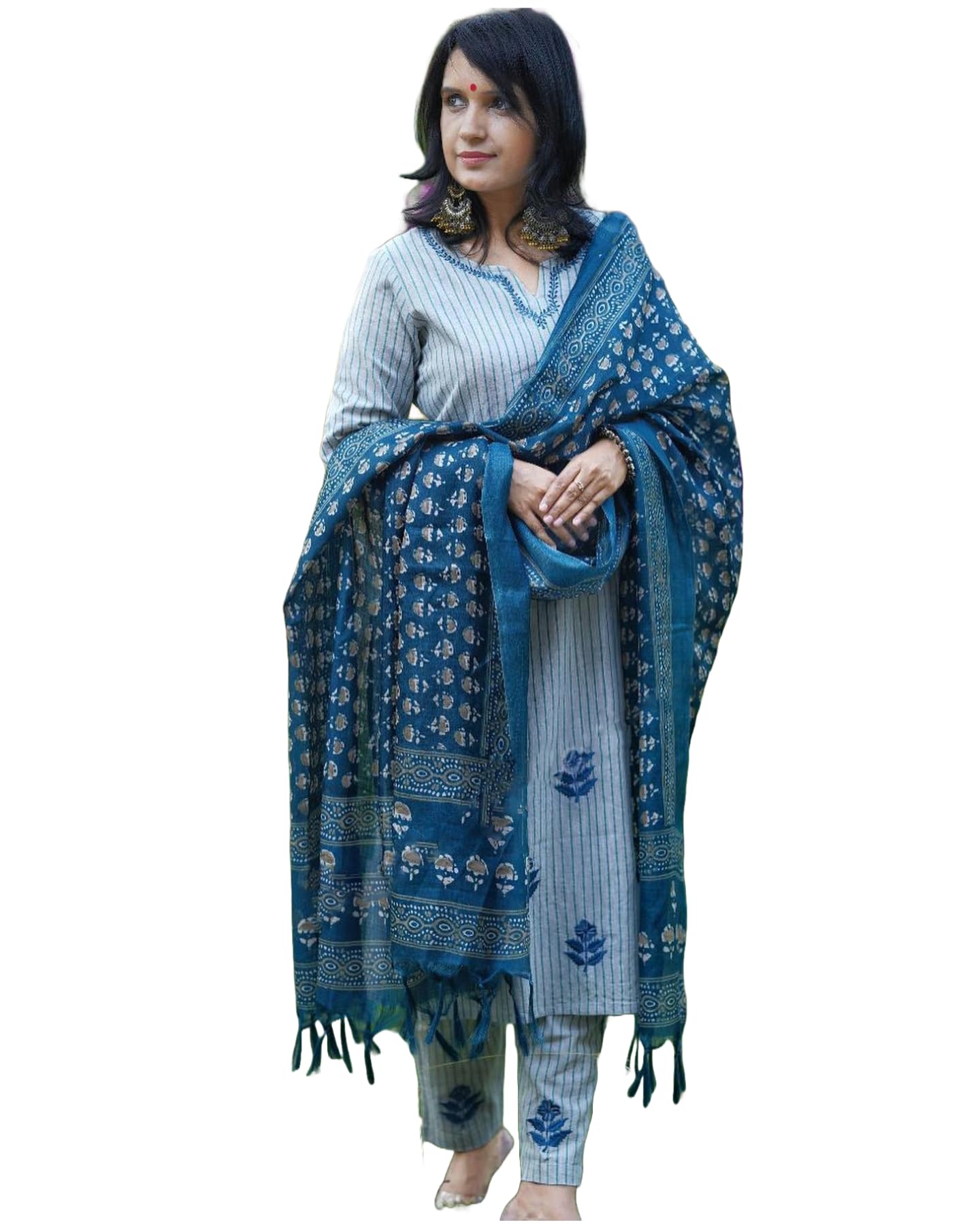 Gosriki Women'S Rayon Blend Embroidered Straight Kurta With Pant & Dupatta (Vineeka White-Gs_M_Blue_Medium),Blue,,B0CXPD9QZ5
