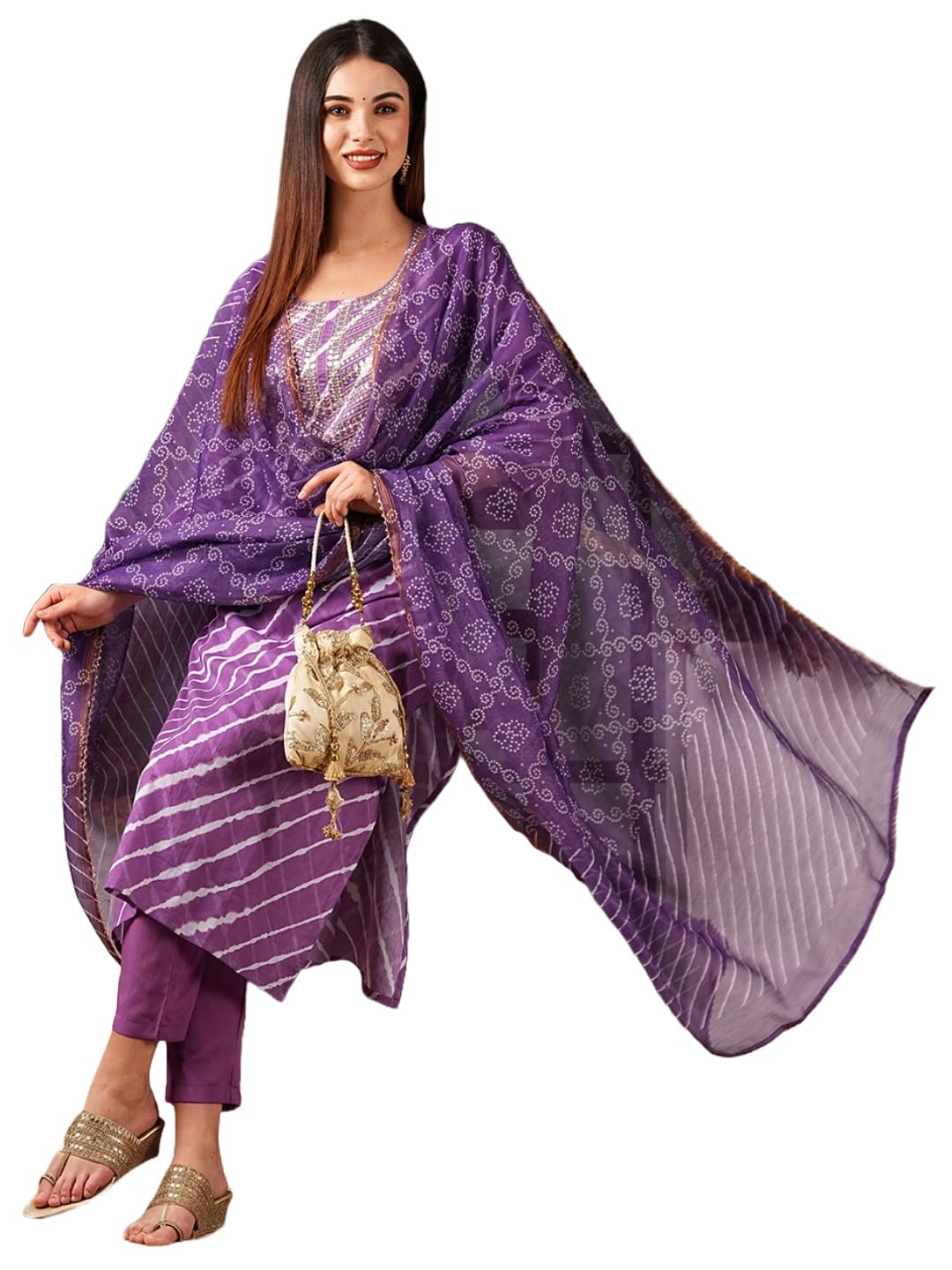 Anni Designer Women'S Cotton Blend Straight Printed Kurta With Pant & Dupatta (Doremi Purple-Nw_S_Purple_Small),Purple,S