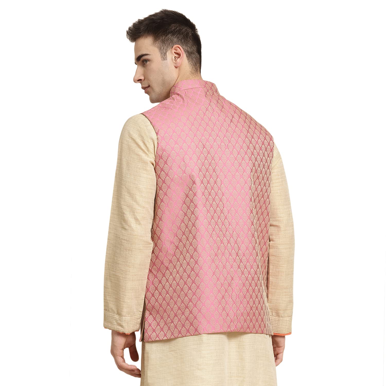 Sojanya (Since 1958, Men'S Jacquard Silk Pink Self Design Only Nehrujacket, Size: 36