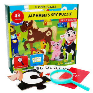 I Spy Alphabet Puzzle with Flashcards and Magnifying Glass 2ft x 3ft -Large 48 Piece Farm Animals Jigsaw Floor Puzzles for Kids