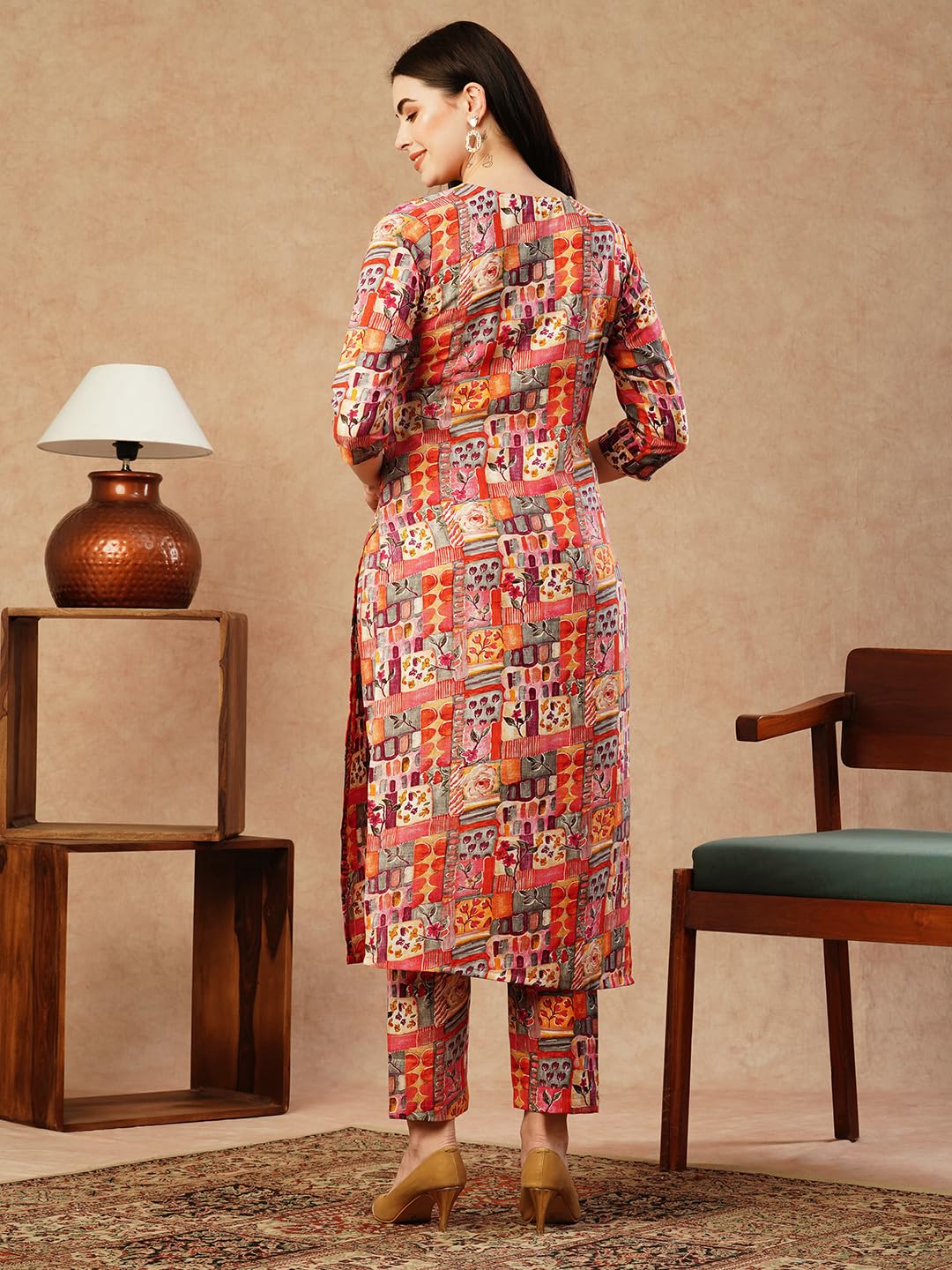 Gosriki Women'S Cotton Blend Straight Printed Kurta With Pant (Ing 10 Red-Gs_M_Red_Medium),Red,,B0CTCHXCHQ