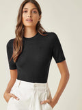 Anni Designer Women'S Cotton Belnd Lycra Ribbed Solid Half Sleeve Round Neck Top (Ntpr-Black_S_Black_Small),Black,S,Cotton Blend,Western,