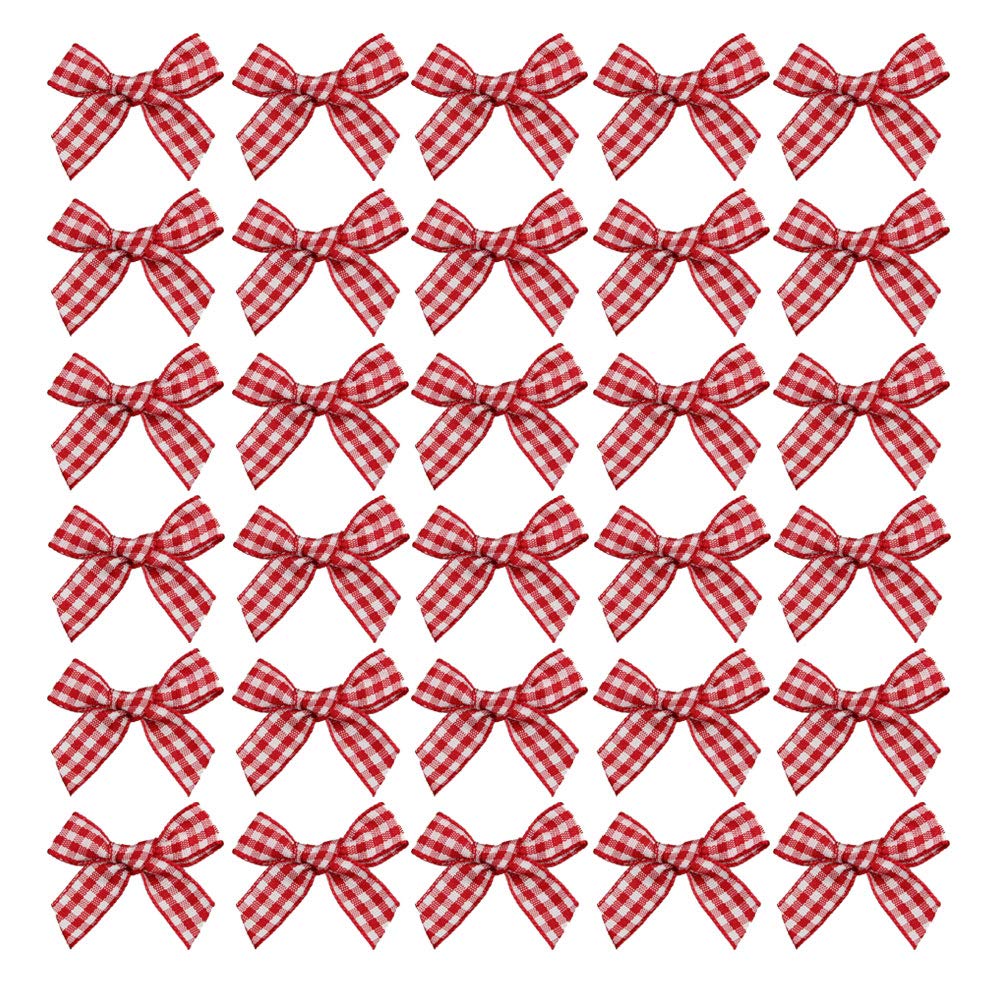 7Rainbows 50pcs Boutique Mini Red Gingham Ribbon Bows Appliques DIY Craft for Sewing Scrapbooking Wedding and Gift