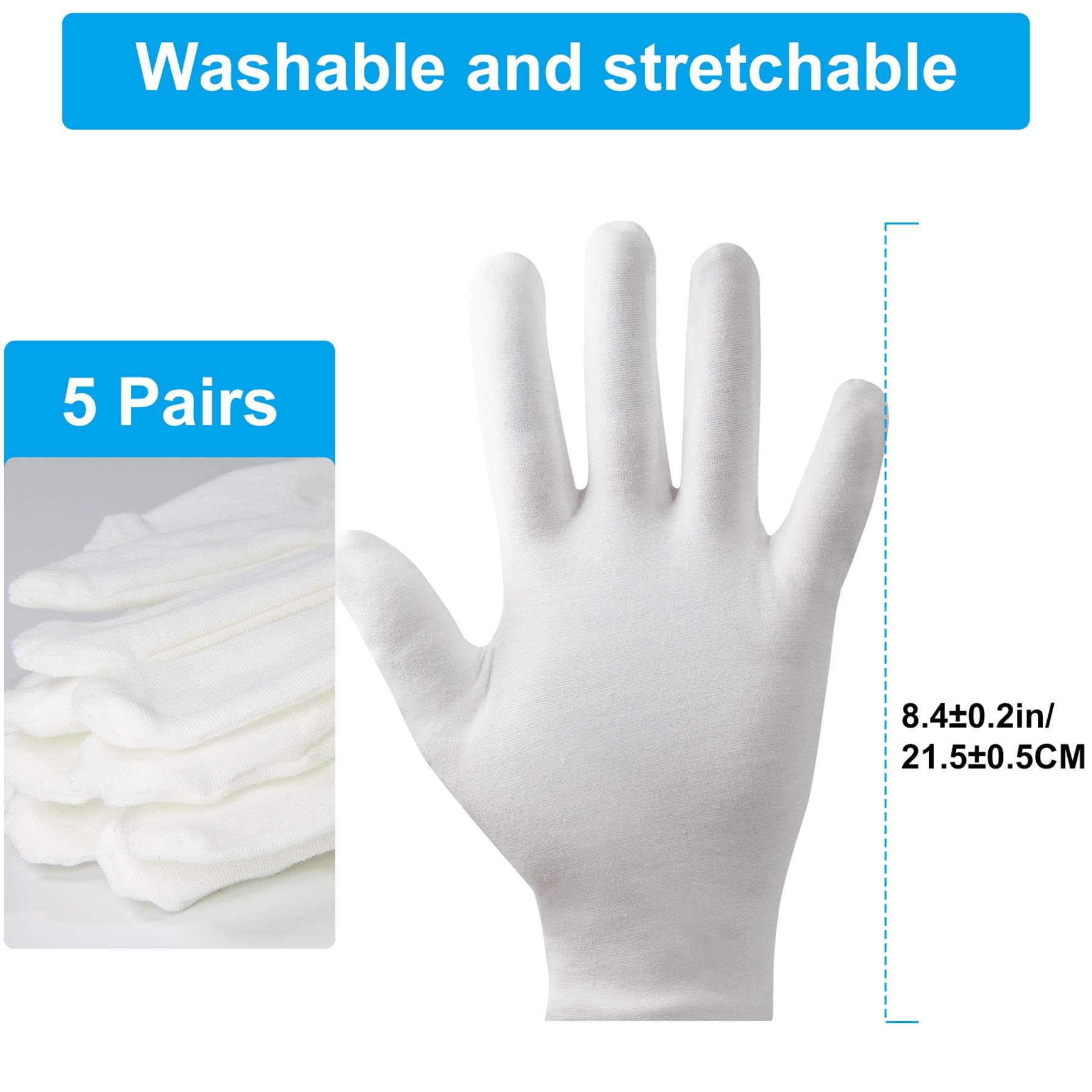 5Pairs (10Pcs) Moisturizing Gloves Overnight for Men and Women, Washable SPA White Cotton Gloves for Dry Hands Eczema Work Inspe