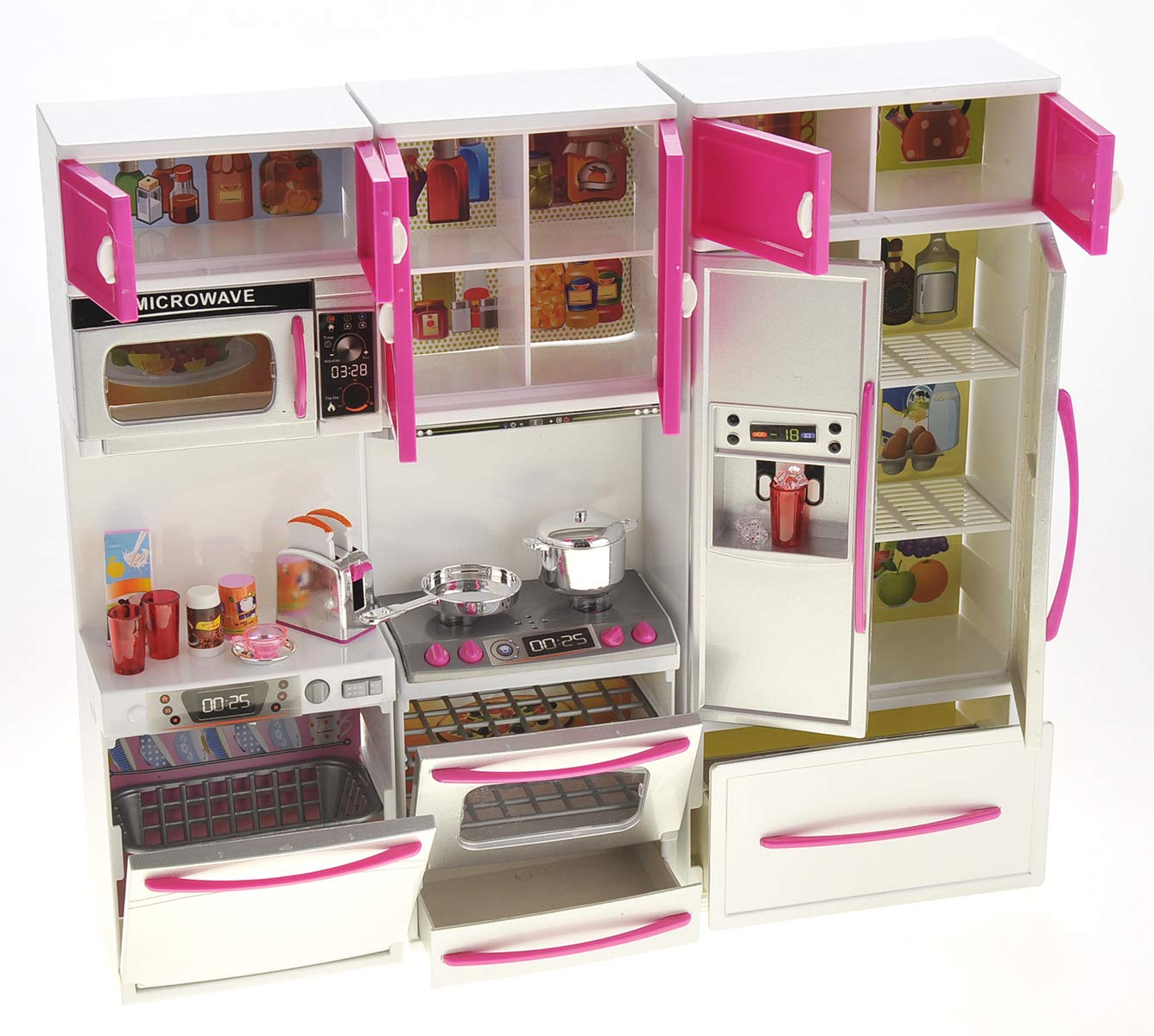 Doll Kitchen Playset, Mini Modern Kitchen Toys Pretend Play Furnitures Toy Sets Accessories Set with Realistic Light & Sound for