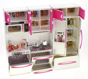 Doll Kitchen Playset, Mini Modern Kitchen Toys Pretend Play Furnitures Toy Sets Accessories Set with Realistic Light & Sound for