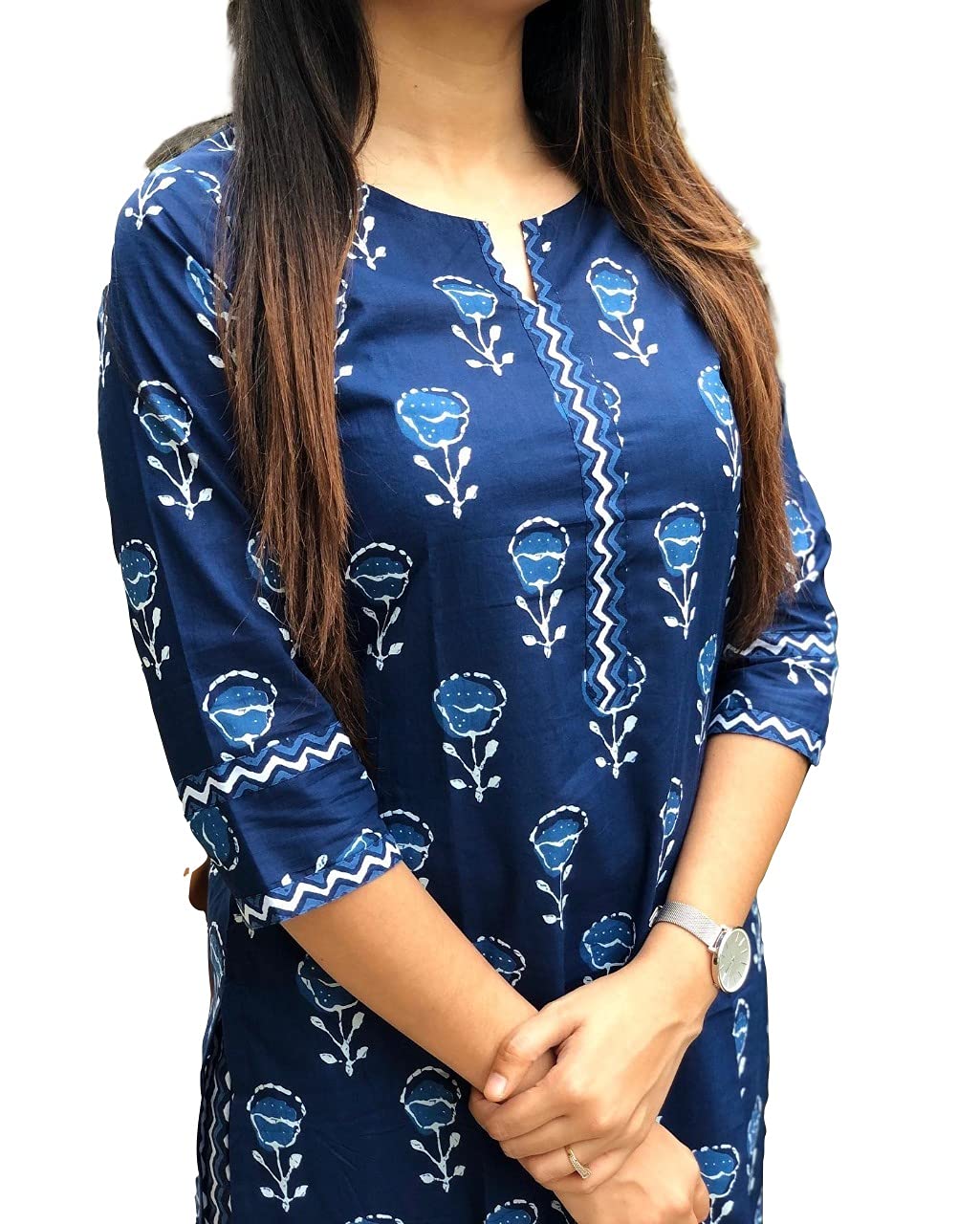 Anni Designer Women'S Pure Cotton Flower Print Kurta With Palazzo (Blue-Flower-01_Sy_S),699,S,Cotton Blend,Straight,Kurta, Pant