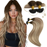 Moresoo K Tip Hair Extensions Real Human Hair Dark Brown to Light Brown with Medium Blonde Balayage K Tips Hair Extensions Human