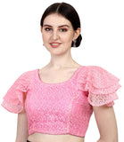 Pujia Mills Women's Shipali Net Work Ruffle Sleeves Readymade Saree Blouse (Shipli Jhadu Pink_Pink_38 Size + Margin)
