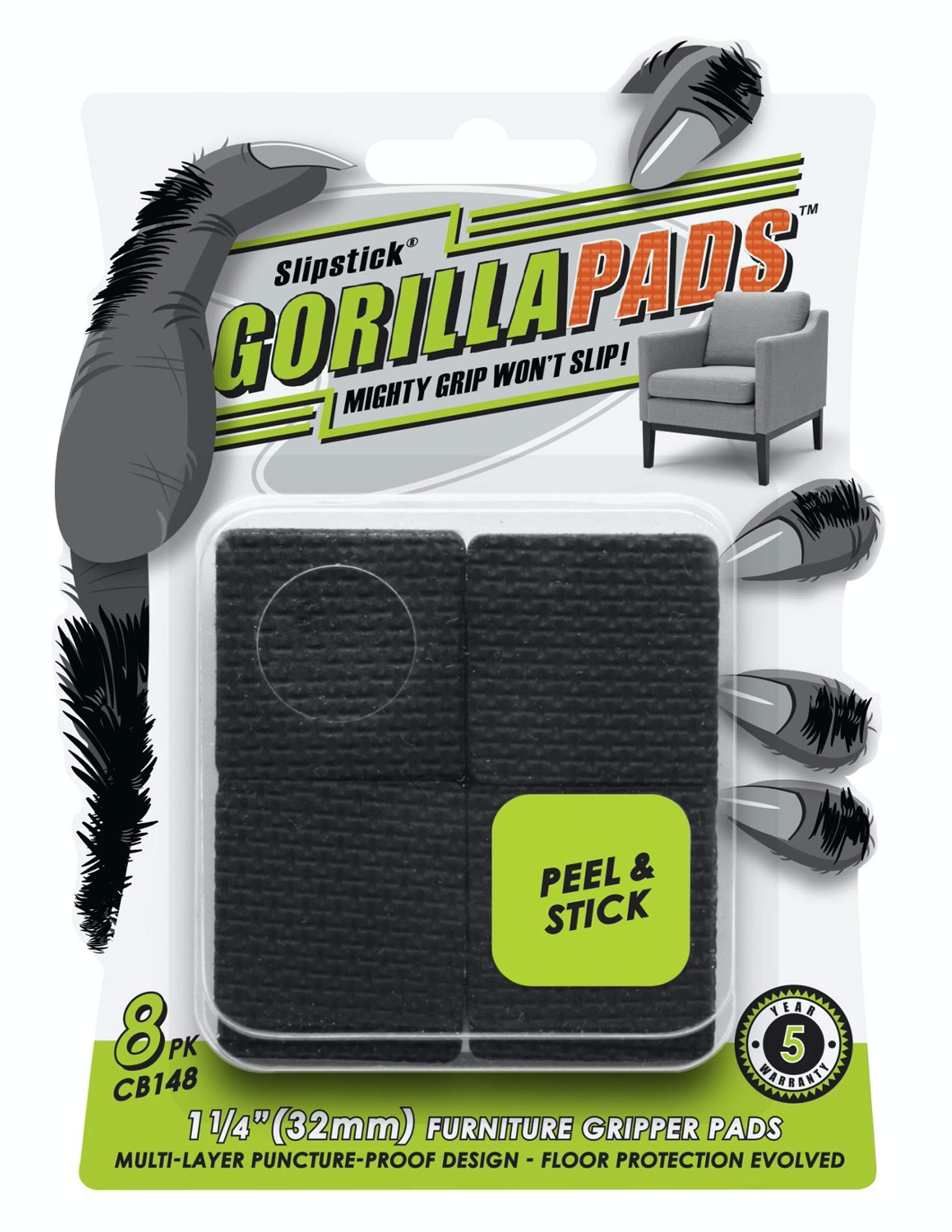 Slipstick Gorillapads Cb148 Non Slip Furniture Pads/Rubber Gripper Feet (Set Of 8) Self Adhesive Anti-Skid Floor Protectors, 1-1