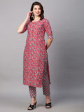 Anni Designer Women'S Cotton Blend Traditional Straight Printed Kurta With Pant Set (Janar Red-Fbf001_L_Red_Large),Red,L,Cotton Blend,Regular,Pants