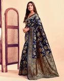 Sugathari Womens Pure Kanjivaram Silk Saree Banarasi Silk Saree With Blouse Piece (Sam Pari S-7) (Navy Blue)
