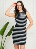 Modeve Women Striped Sleeveless Bodycon Dress Black Black Xl