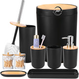 iMucci Bathroom Accessories Set with Trash Can,Toothbrush Holder, Lotion Soap Dispenser, Soap Dish,Tumbler Cup(9Pcs Black Bamboo