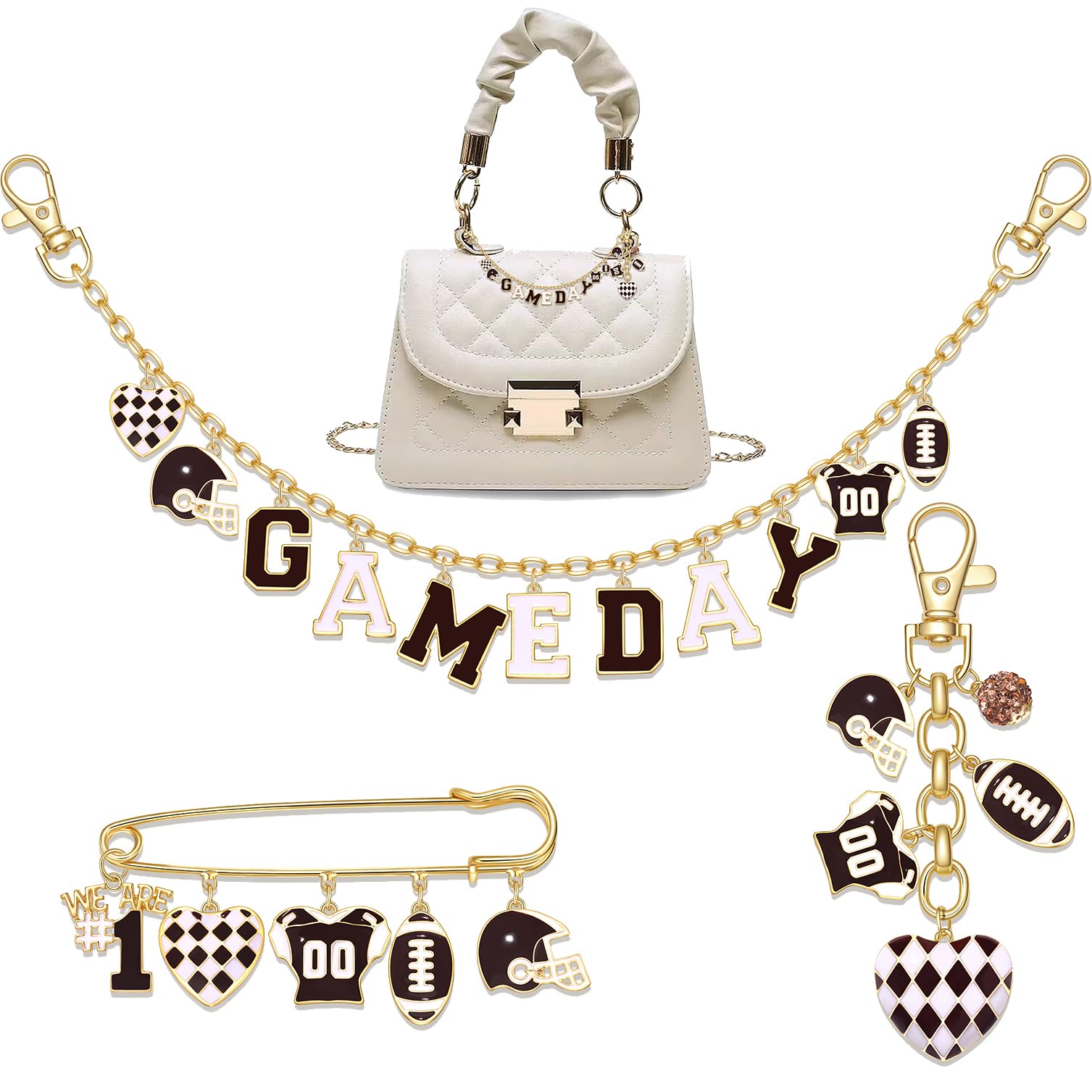 NVENF 3PCS Football Bag Charms Keychain for Women Men Game Day Purse Charms Football Cheer Mom Accessories Essentials Gifts (Bur