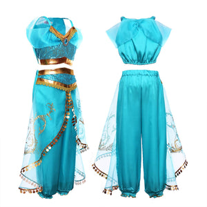 Princess Jasmine Costume Dress Up Clothes Fancy Sequined Arabian Outfit Attire with Tiara Wand Gloves Accessories Set for Little