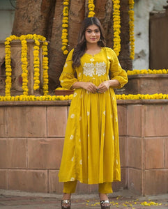 Gosriki Women'S Rayon Blend Anarkali Printed Kurta With Pant (Anveshi Yellow-Vks01-Gs_Xl_Yellow_X-Large),Yellow,,B0DP2BFGQP