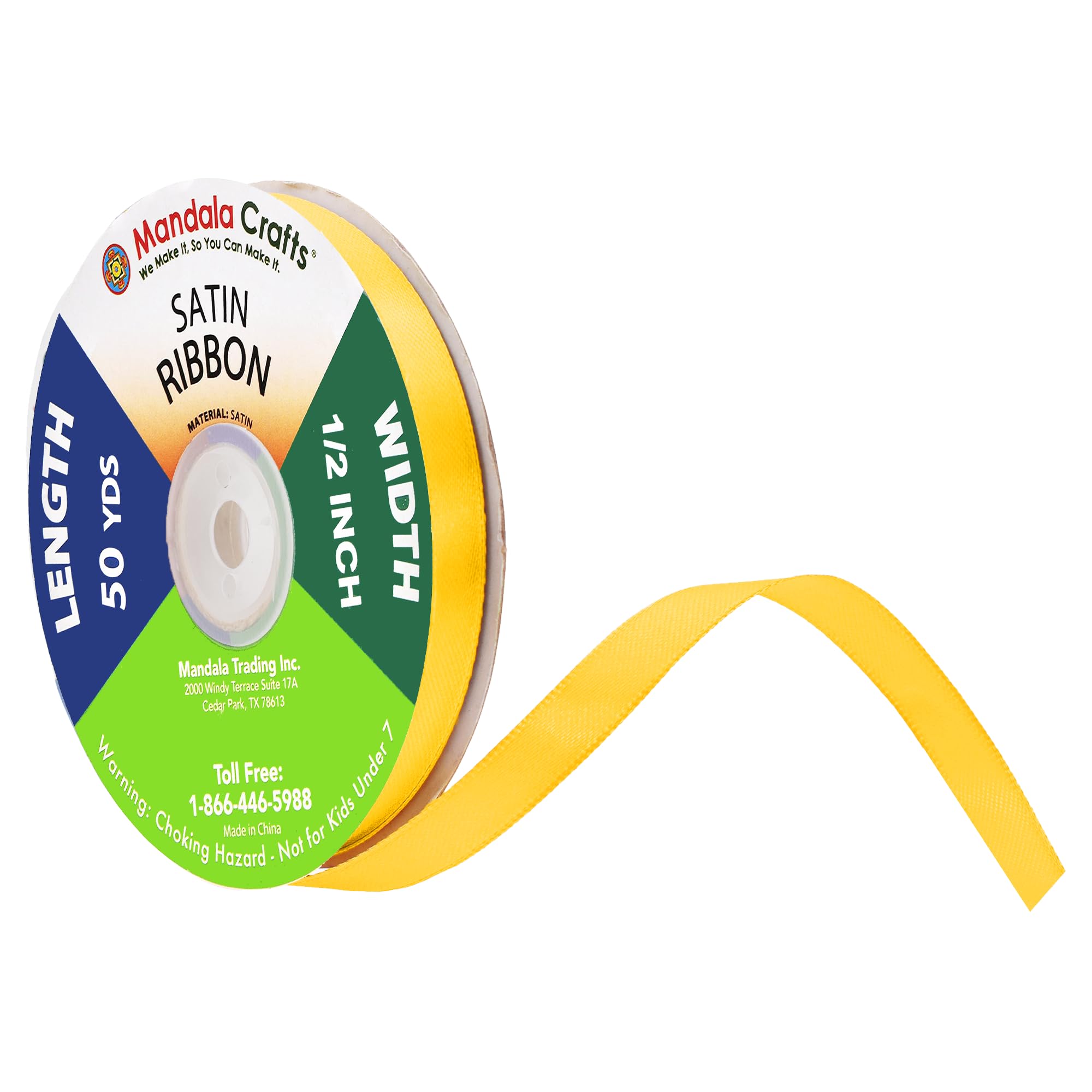 Mandala Crafts Yellow Satin Ribbon for Crafts - 50 Yards 1/2 Inch Wide Fabric Ribbons for Gift Wrapping, Flower Bouquets, Hair B