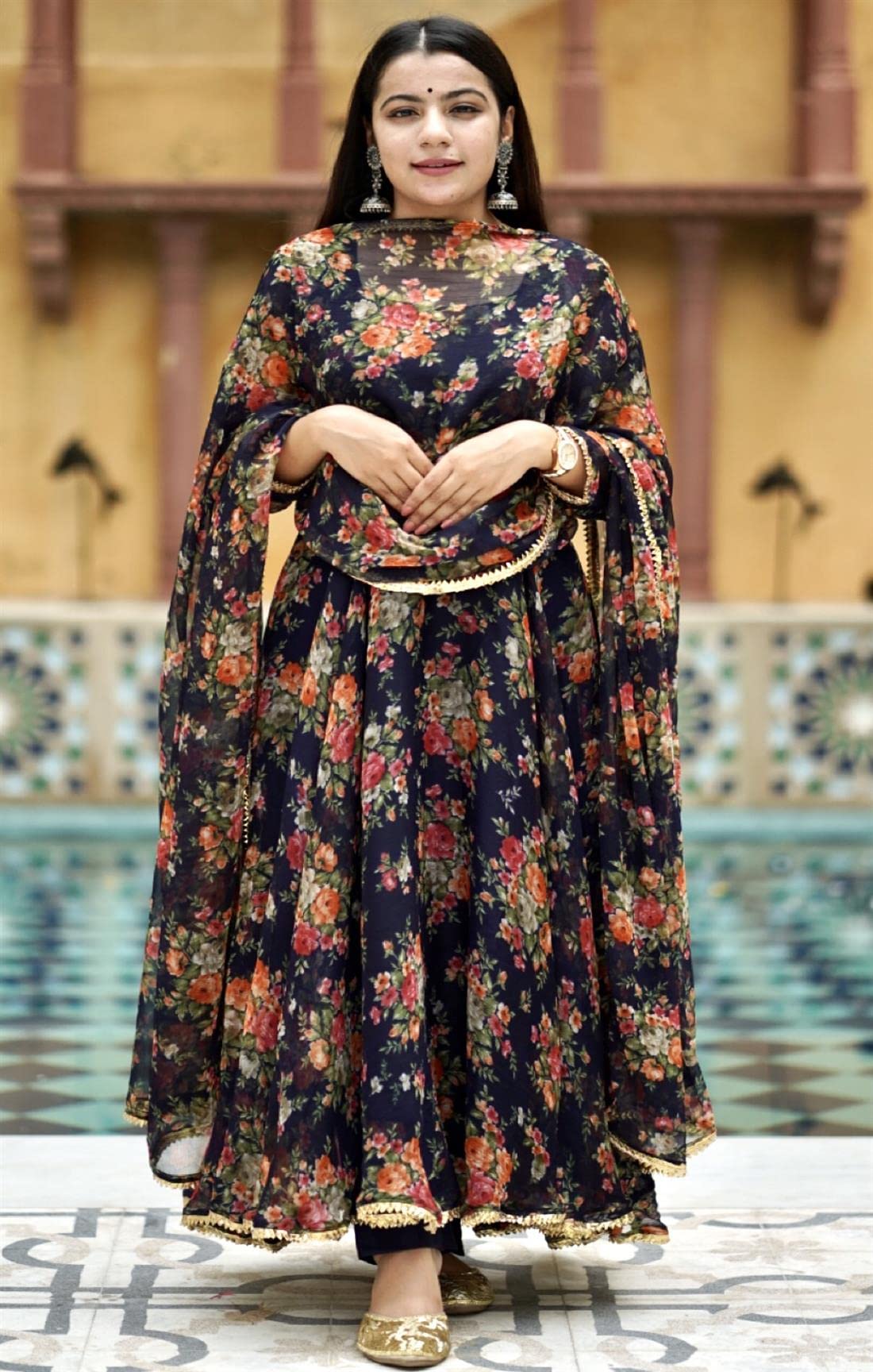 Anni Designer Women'S Georgette Anarkali Printed Kurta With Pant & Dupatta (Atasi Blue-Nw2_L_Dark Blue_Large),Dark Blue,L,Georgette,Anarkali,Dupatta