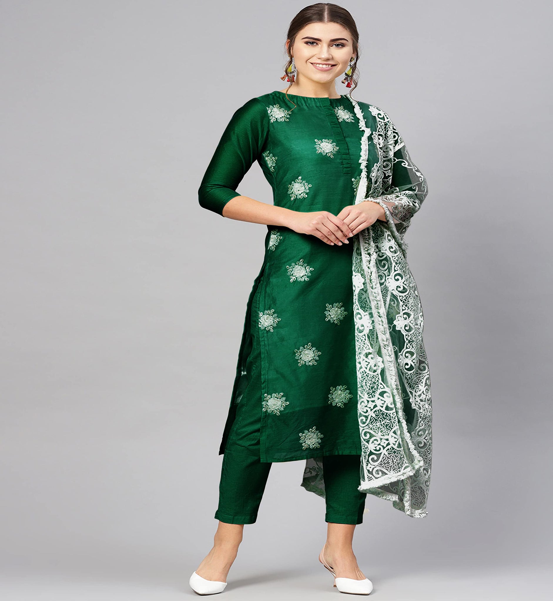 Anni Designer Women'S Ruby Cotton Straight Embroidery Kurti With Pant & Dupatta Set (White-Show Green_S Green_Small),Green,S,Cotton Blend,Straight,
