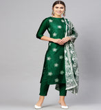 Anni Designer Women'S Ruby Cotton Straight Embroidery Kurti With Pant & Dupatta Set (White-Show Green_S Green_Small),Green,S,Cotton Blend,Straight,