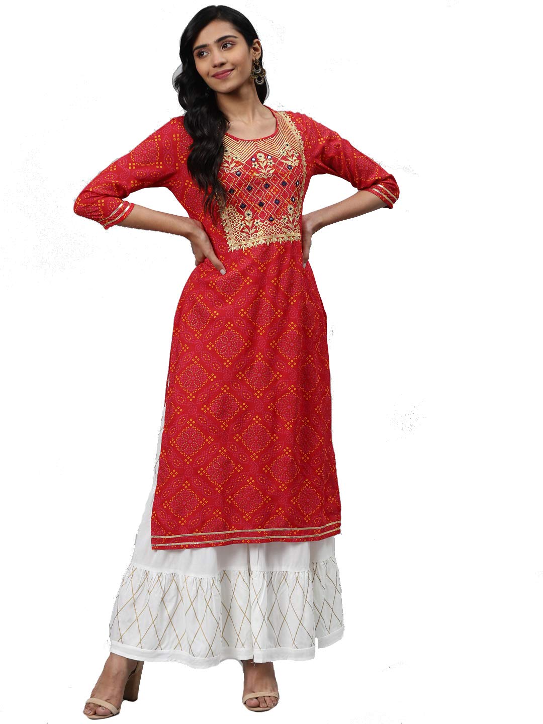 Gosriki Women'S Cotton Bandhani Regular Kurta With Sharara (Saina Myt-Red_Xxl Xx-Large),Red,2,B08QDBDDFL