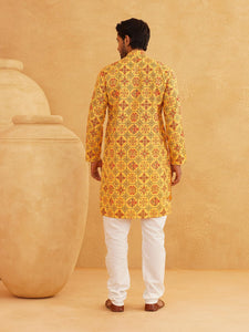 Sojanya (Since 1958 Men'S Cotton Linen Yellow & Multi Print Only Long Kurta Yellow & Multi 2Xl