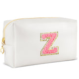 URSKYTOUS Initial Makeup Bag Personalized Preppy Travel Small Cosmetic Bag Cute PU White Chenille Letter Makeup Pouch for Purse 