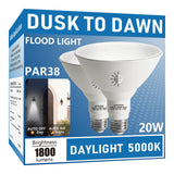Gonhom Par38 LED Dusk to Dawn Flood Light Bulbs Outdoor 2 Pack, 5000K Daylight, 20W Replace up to 200W, 1800LM, E26 Base Outdoor