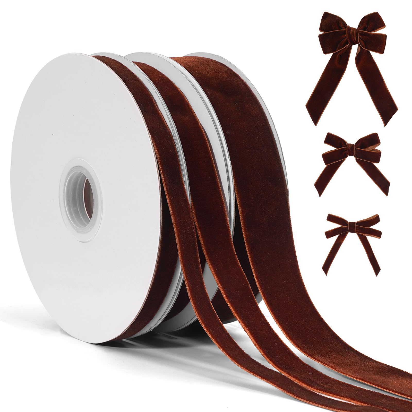 Brown Velvet Ribbon for Gift Wrapping, 3 Rolls Vintage Thin Velvet Ribbon Set for Christmas Tree Decoration, 3/8, 5/8, 1 inch Wi