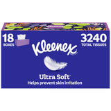 Kleenex Ultra Soft Facial Tissues, 18 Flat Boxes, 180 Tissues per Box, 3-Ply (3240 Total), Packaging May Vary