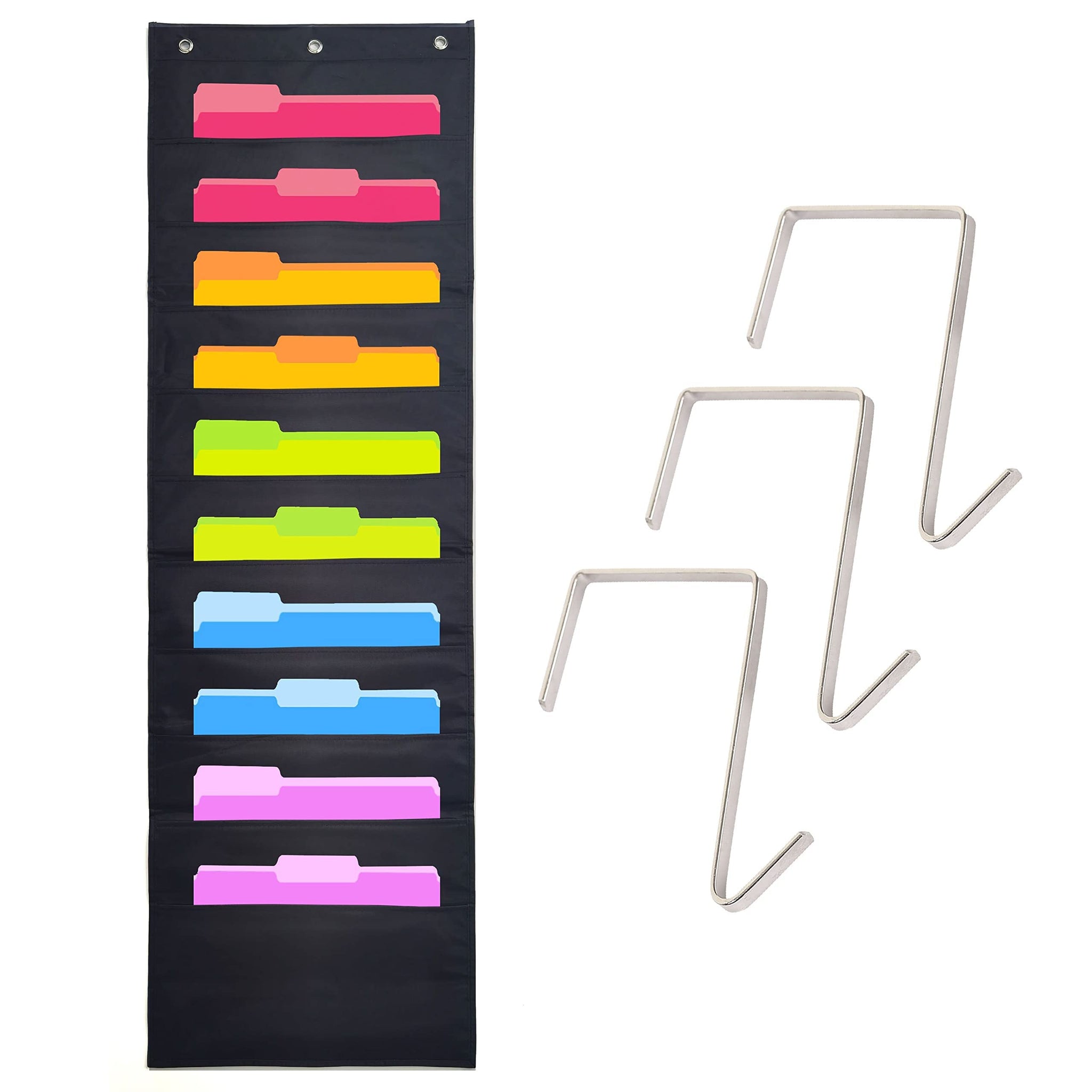 Black Pocket Chart for Classroom - 10 Pocket Storage Rainbow Pocket Charts , 2 Over Door Hangers Included, Hanging Wall File Org