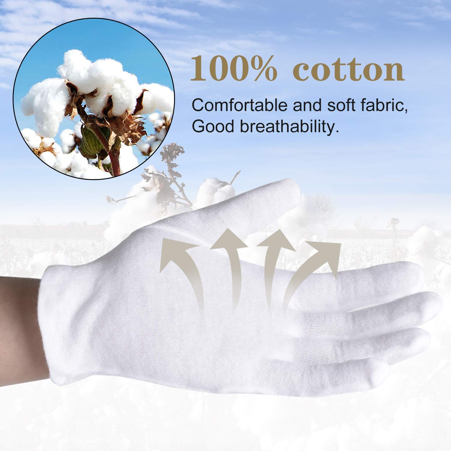 100% Cotton Gloves, 6 Pairs White Cotton Gloves For Women Dry Hands Eczema Serving - Archival Coin Jewelry Inspection Gloves (6