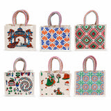 MARU ECOBAGS 6 Pcs Premium Canvas Gift Bags with Braided Rope Handles | Small Ethnic Printed Reusable Return Gift Bags for Weddi