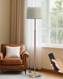JOOFO Mid-Century Modern Wood Floor Lamp with Dual Fabric Shade, Remote Control, Dimmable & Adjustable Color Temperature, Readin