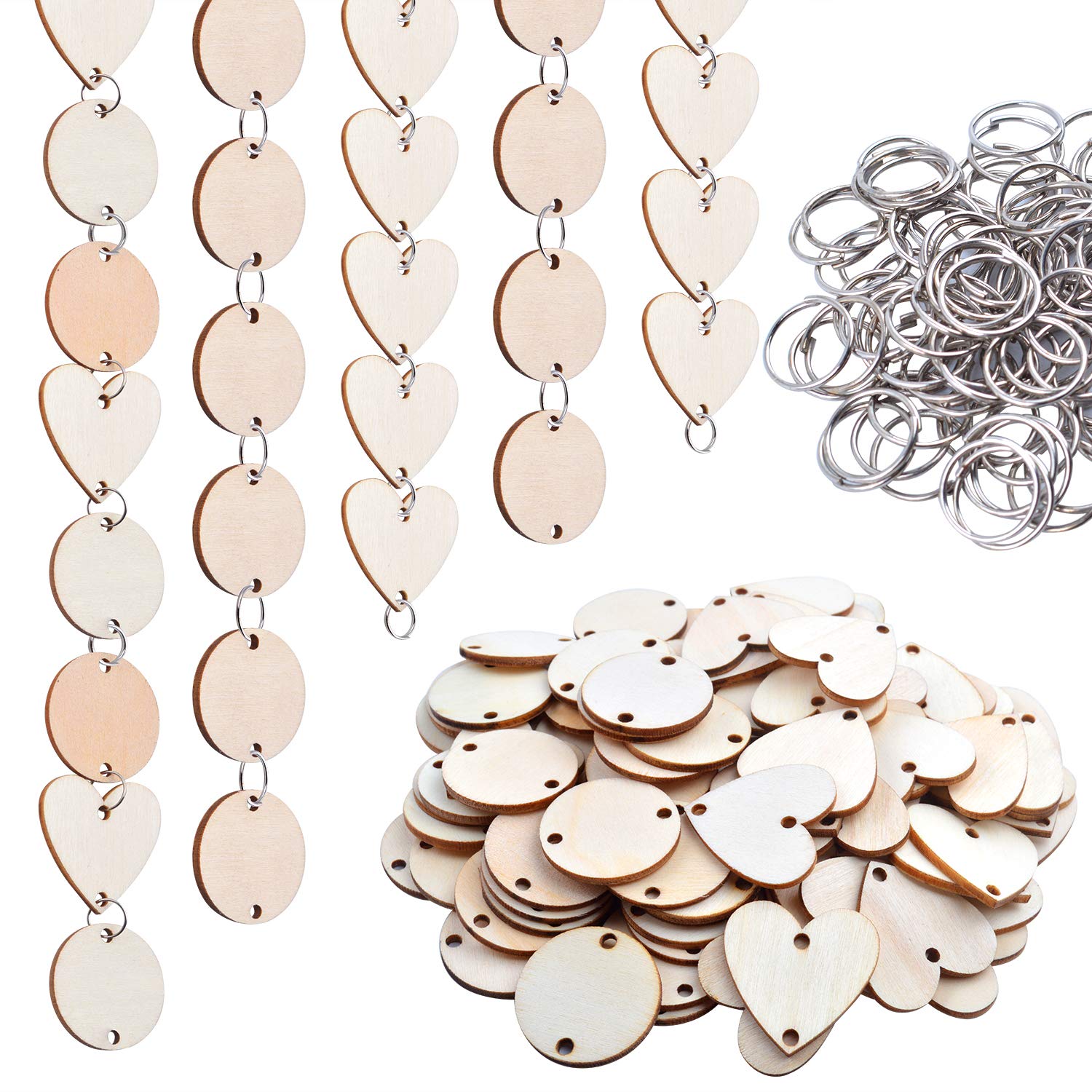 100 Pieces Wooden Circles Wooden Heart Tags With 2 Holes And 100 Pieces 10Mm Rings For Birthday Boards, Valentine, Chore Boards,